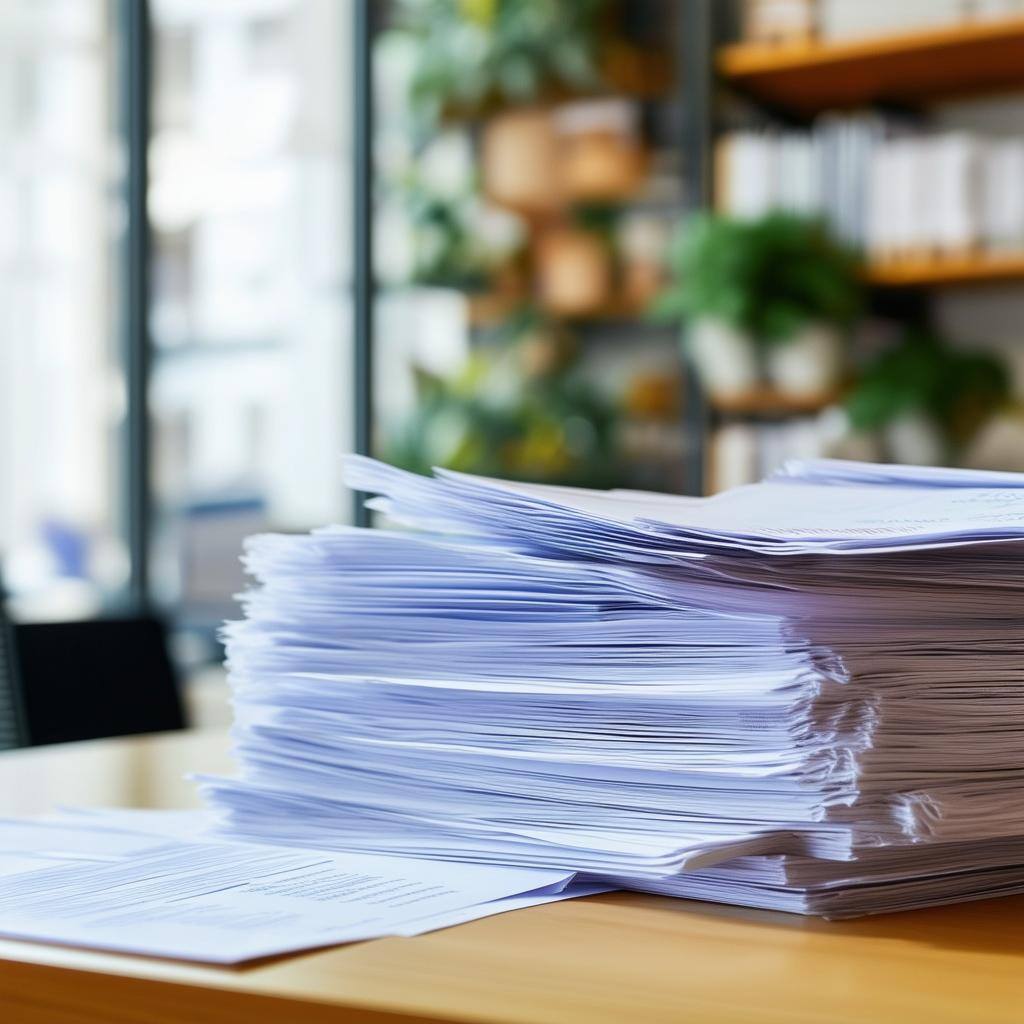 A pile of documents on a table in a light and airy office A pile of documents on a table in a light and airy office