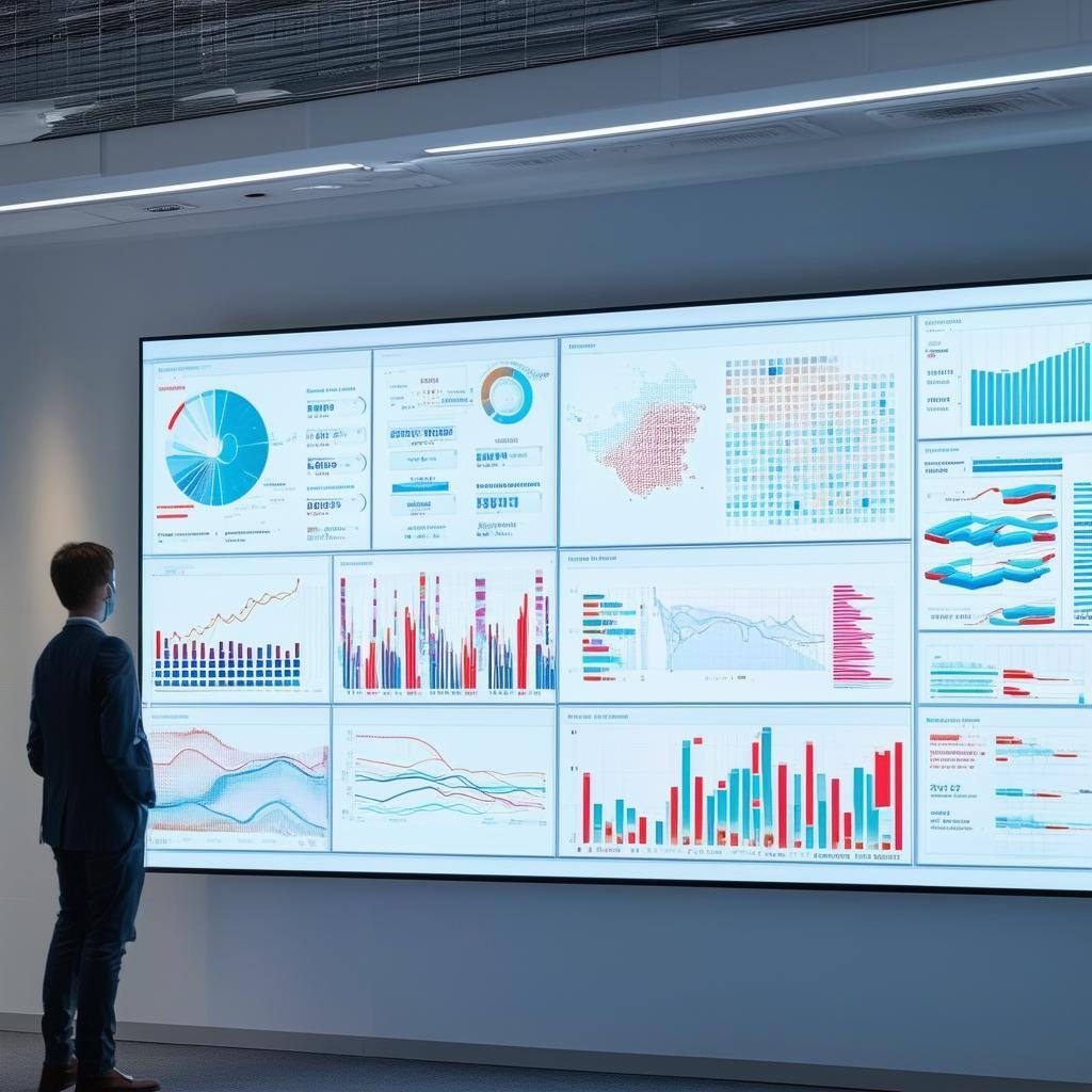 Show a huge screen mounted on the wall of a light and airy office that has lots of different data visualizations on it that feature no text Show a huge screen mounted on the wall of a light and airy office that has lots of different data visualizations on it that feature no text