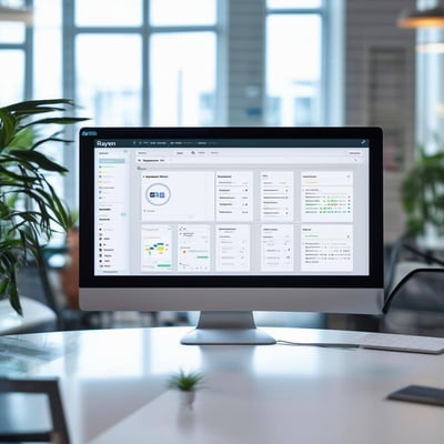Show a Rayven app development interface on a monitor in a light and airy office