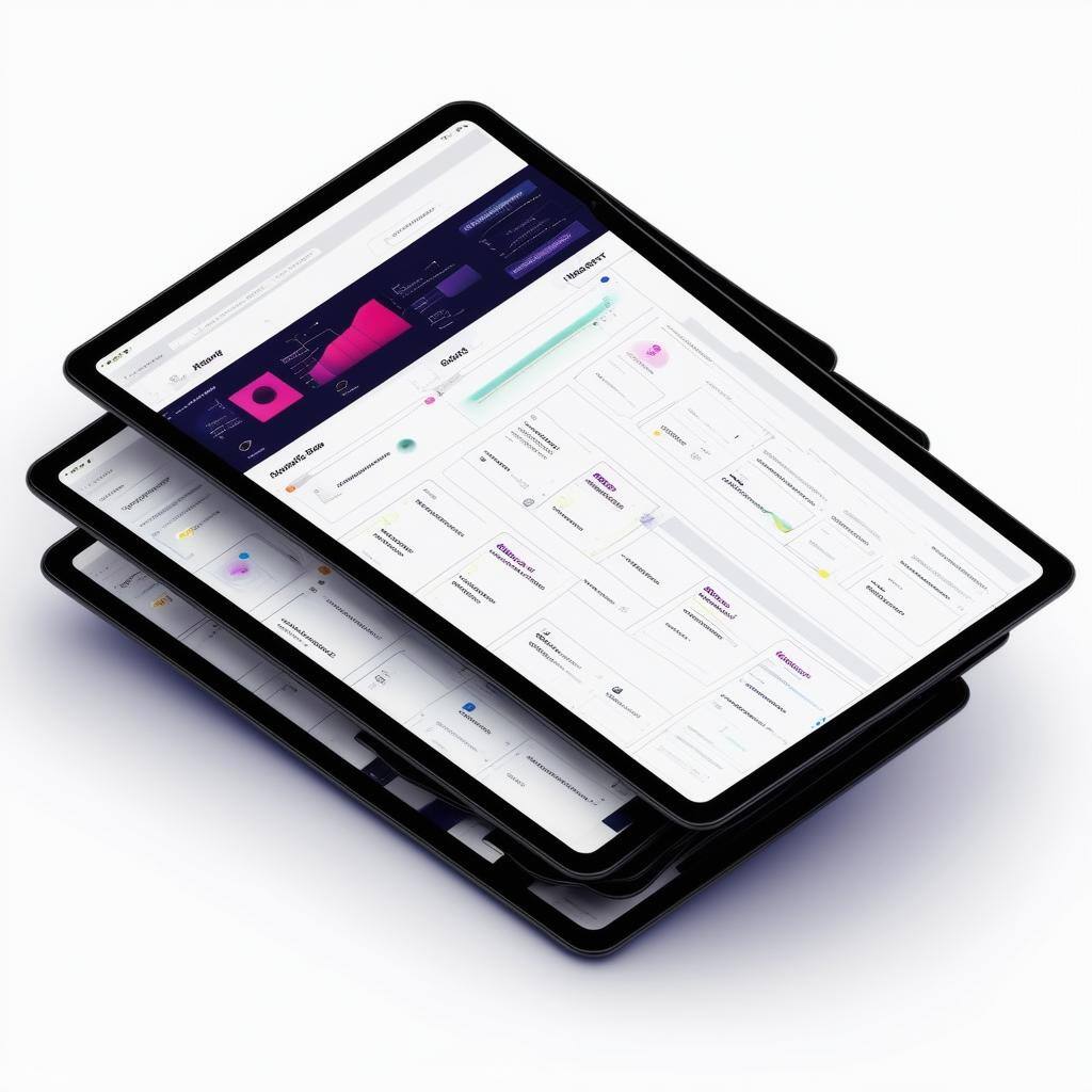 stack of tablets with a Rayven workflow builder on a white background