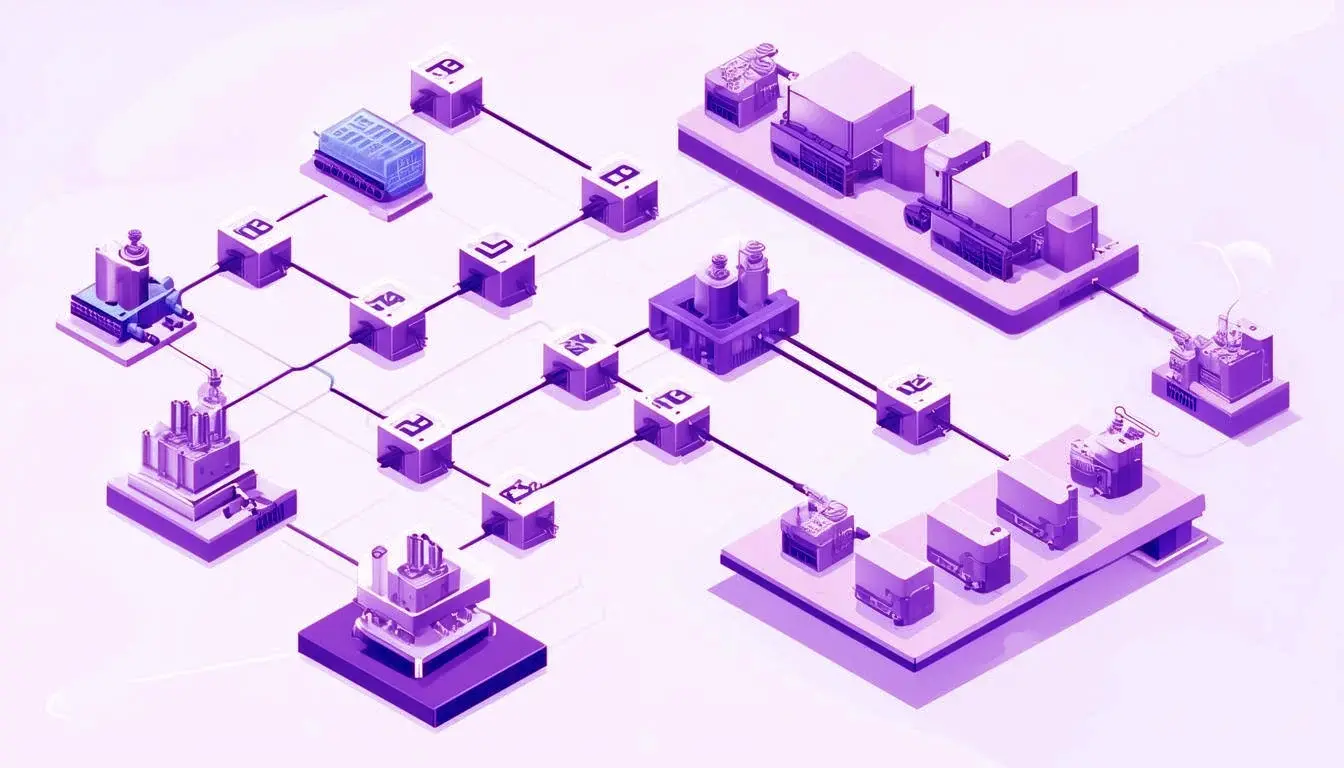 Create a flow diagram without text that shows orders and controls flowing to connected assets and machines Create a flow diagram without text that shows orders and controls flowing to connected assets and machines